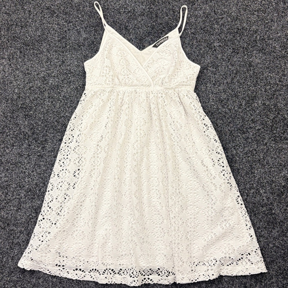 Express White Lace Mini Dress Womens Small Crochet V-Neck Boho Sundress 90130